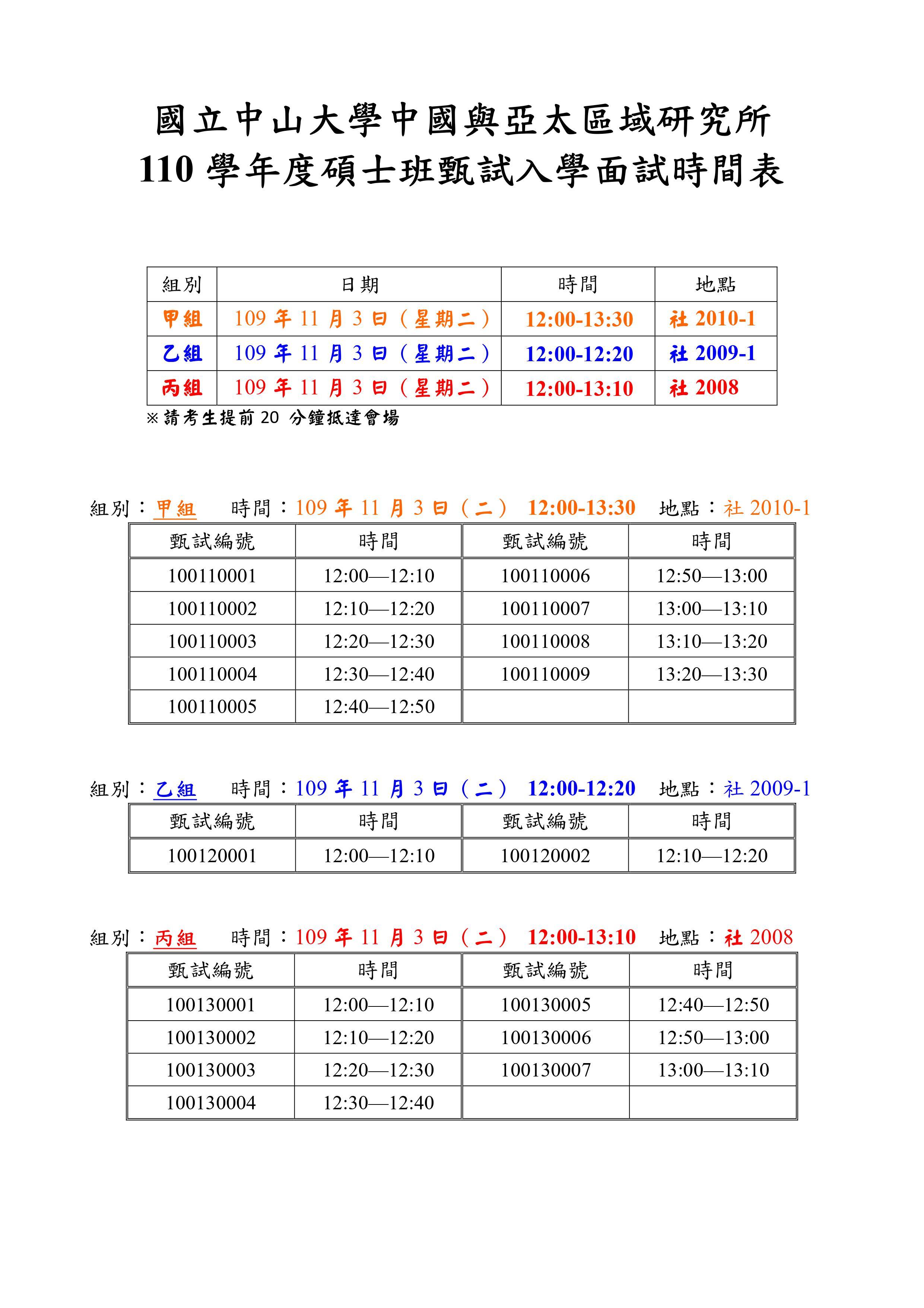 面試時間表