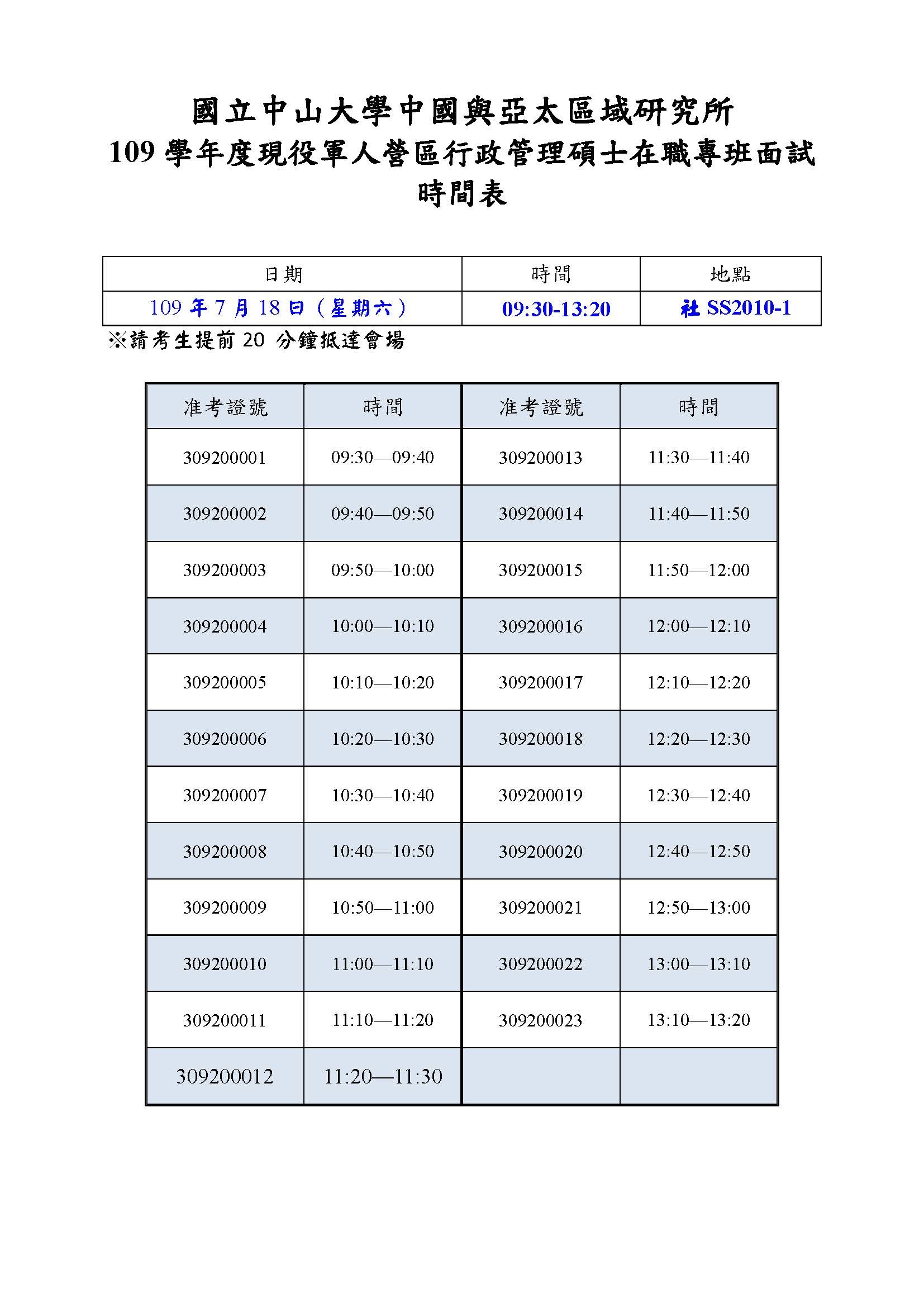 面試時間表